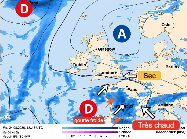 Carte de prévisions d'europe du Lundi 24 août 2026