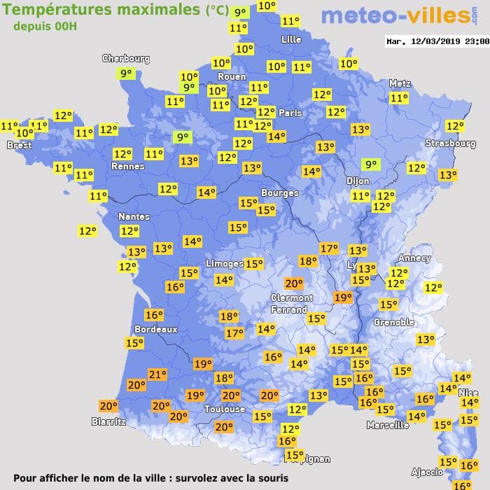 Températures maximales (°C) depuis 00h