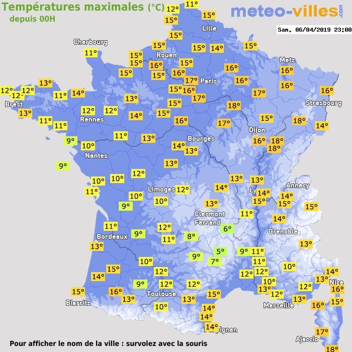 Températures maximales (°C) depuis 00h