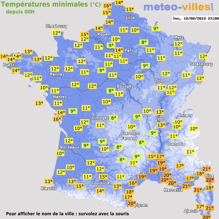 Températures minimales (°C) depuis 00h