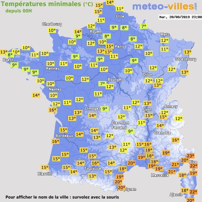 Températures minimales (°C) depuis 00h