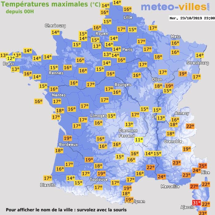 Températures maximales (°C) depuis 00h