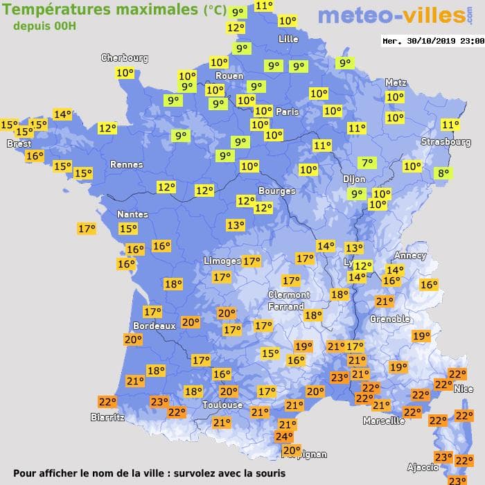 Températures maximales (°C) depuis 00h