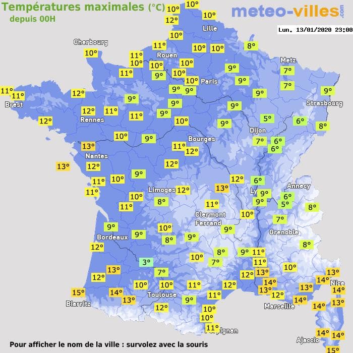 Températures maximales (°C) depuis 00h