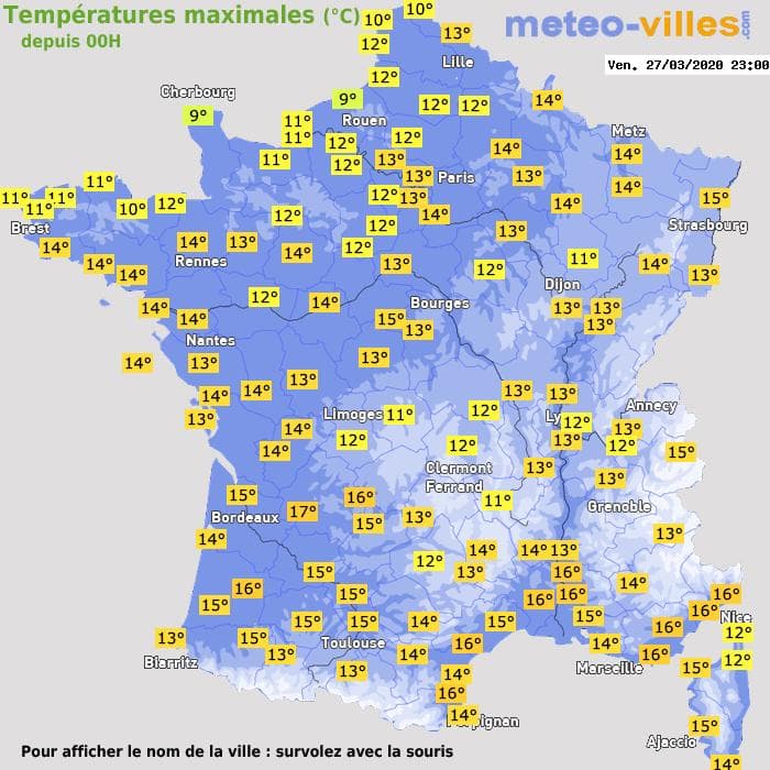 Températures maximales (°C) depuis 00h