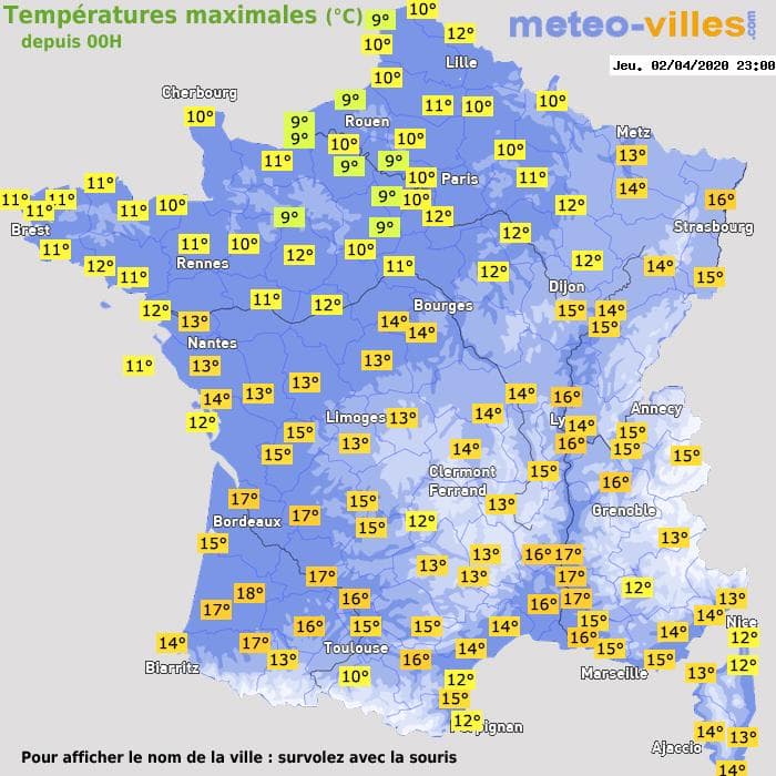 Températures maximales (°C) depuis 00h