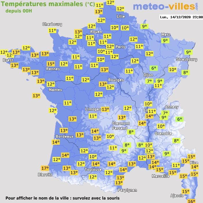 Températures maximales (°C) depuis 00h