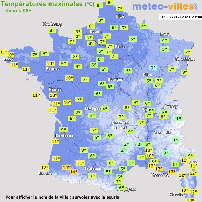 Températures maximales (°C) depuis 00h