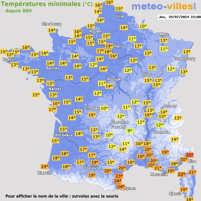 Températures minimales (°C) depuis 00h