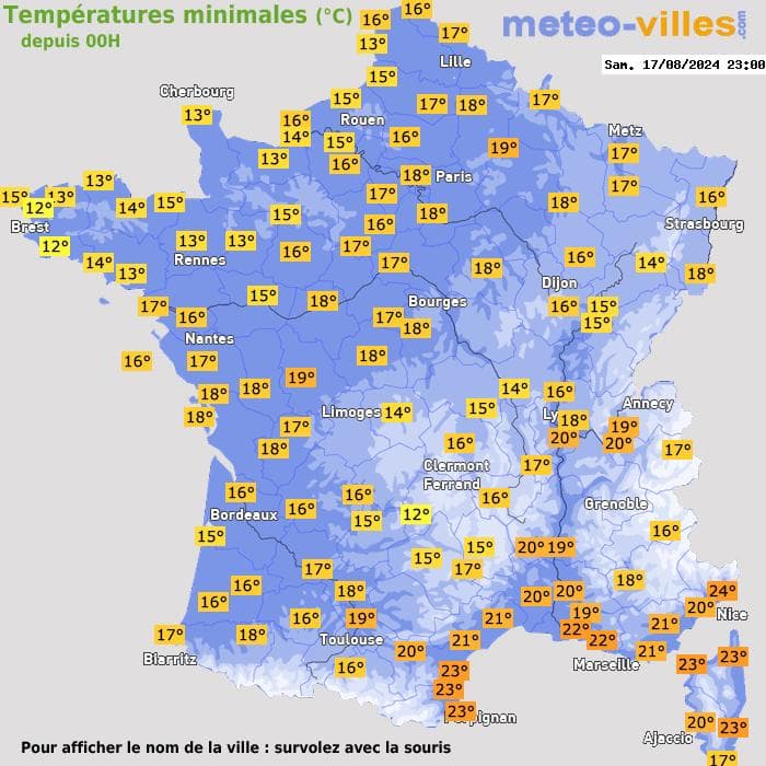 Températures minimales (°C) depuis 00h