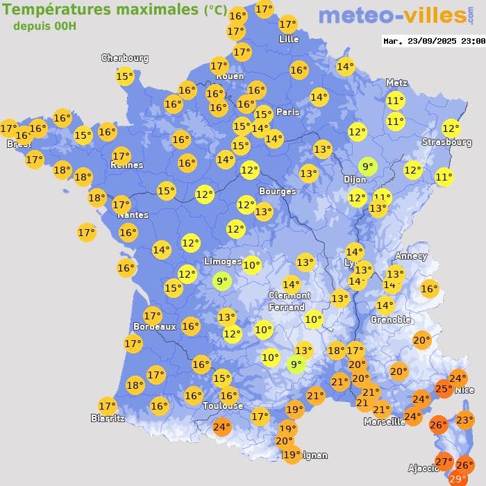 Températures maximales (°C) depuis 00h