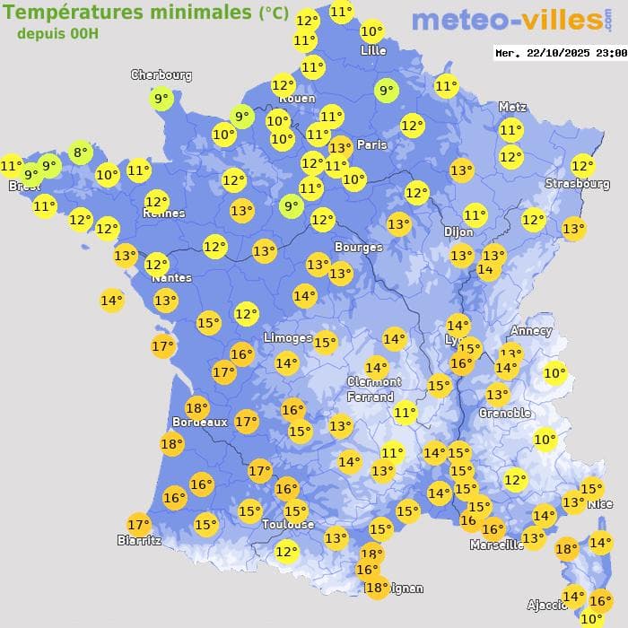 Températures minimales (°C) depuis 00h