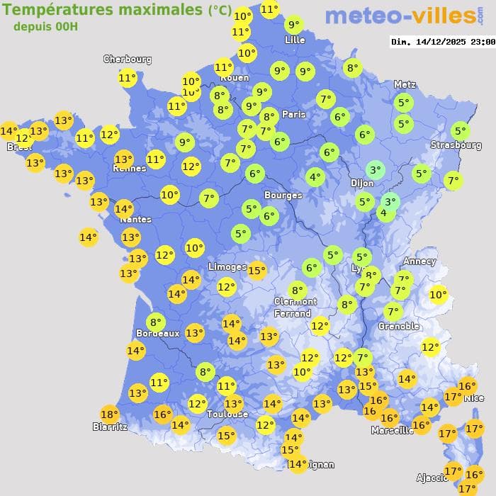 Températures maximales (°C) depuis 00h