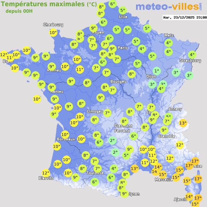 Températures maximales (°C) depuis 00h
