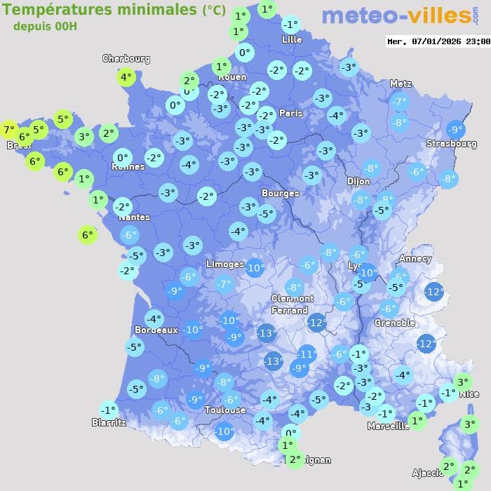 Températures minimales (°C) depuis 00h