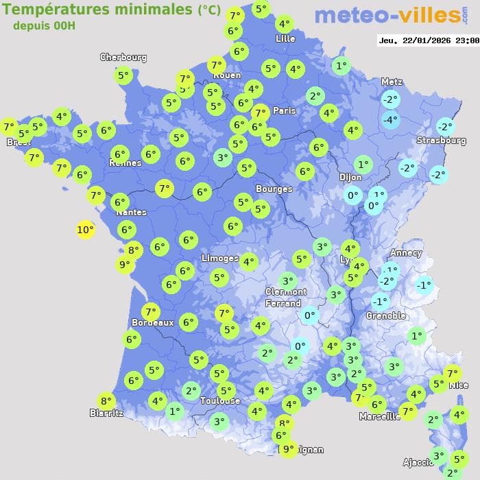 Températures minimales (°C) depuis 00h