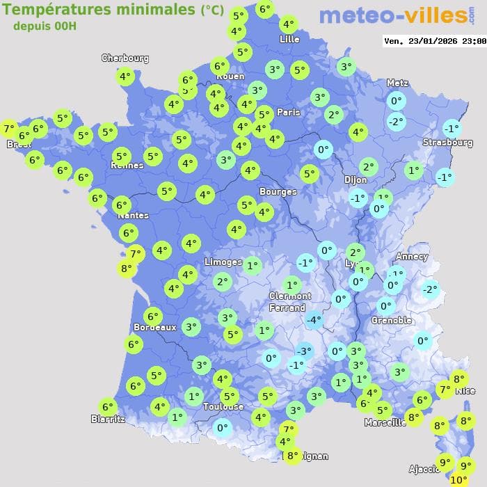 Températures minimales (°C) depuis 00h