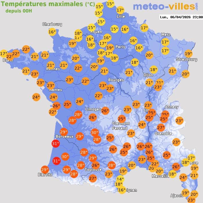 Températures maximales (°C) depuis 00h