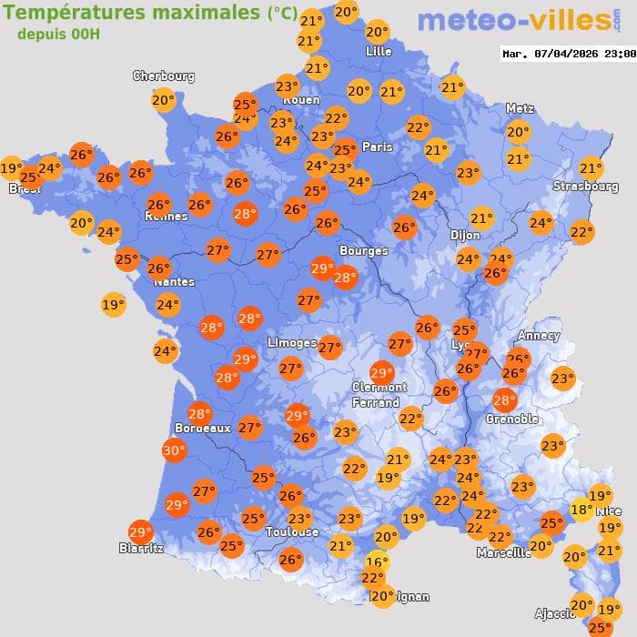 Températures maximales (°C) depuis 00h