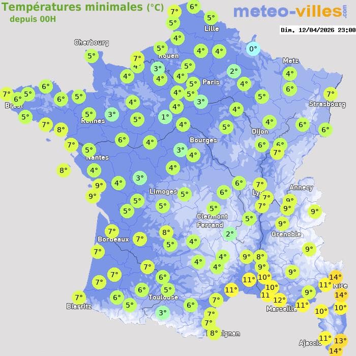 Températures minimales (°C) depuis 00h