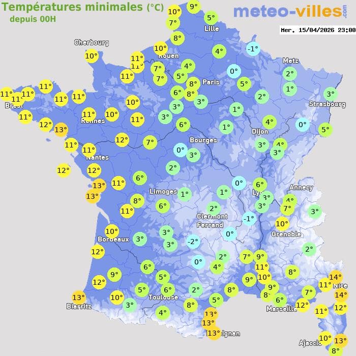 Températures minimales (°C) depuis 00h