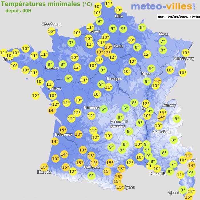 Températures minimales (°C) depuis 00h