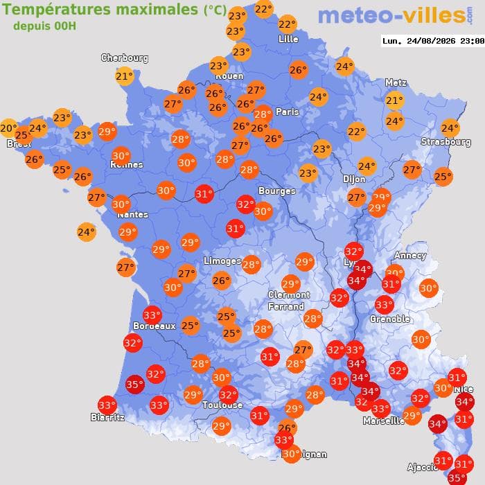 Températures maximales (°C) depuis 00h