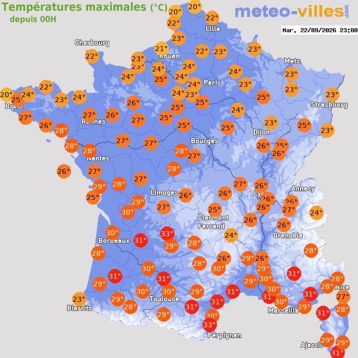 Températures maximales (°C) depuis 00h