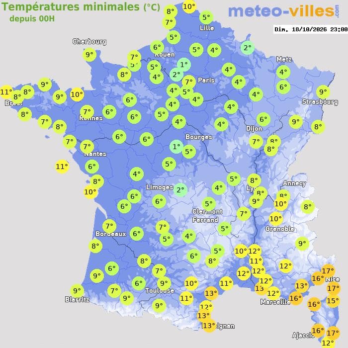 Températures minimales (°C) depuis 00h