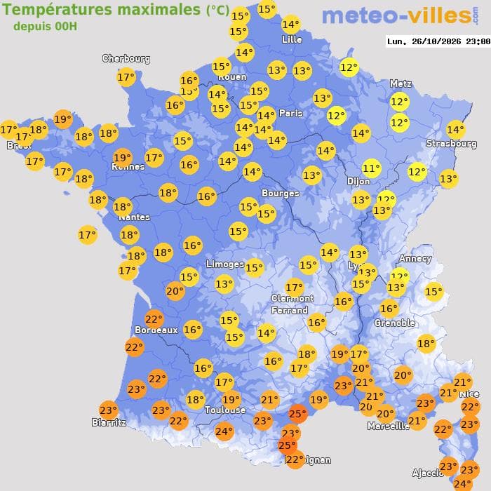 Températures maximales (°C) depuis 00h