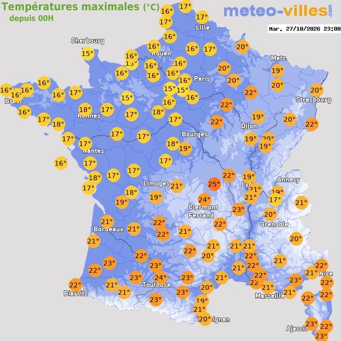 Températures maximales (°C) depuis 00h