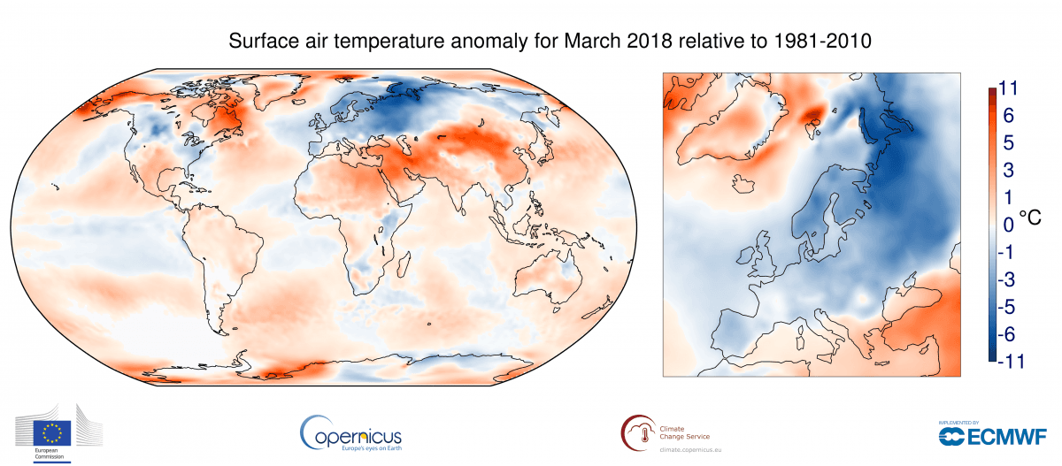 Image d'illustration pour Mars 2018 : froid en Europe, 3e mois le plus doux dans le Monde