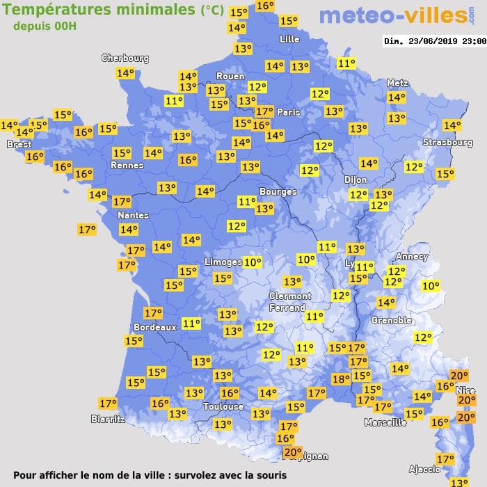 Températures minimales (°C) depuis 00h
