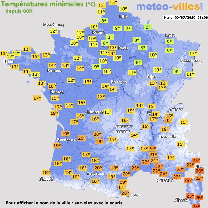 Températures minimales (°C) depuis 00h
