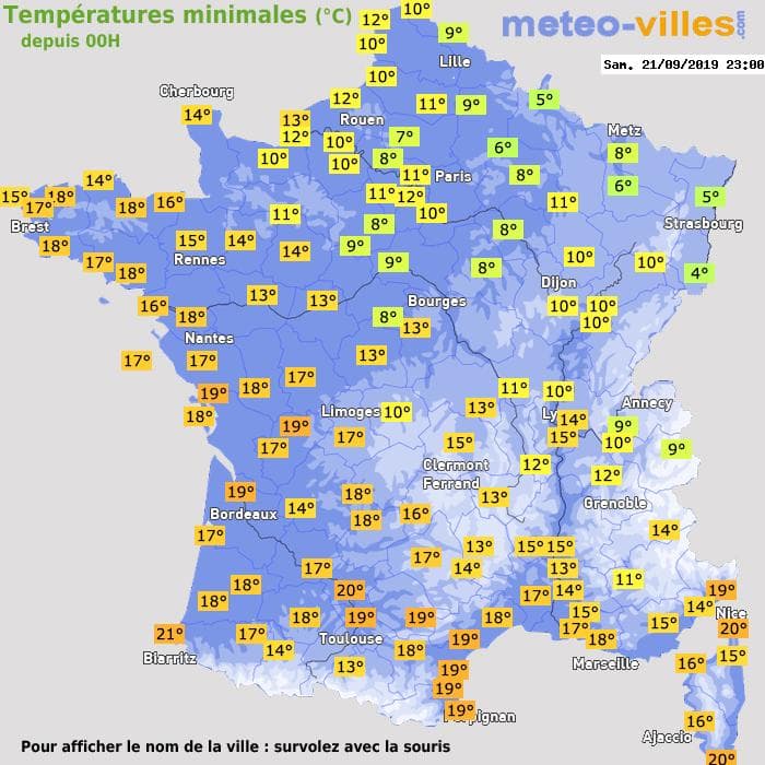 Températures minimales (°C) depuis 00h