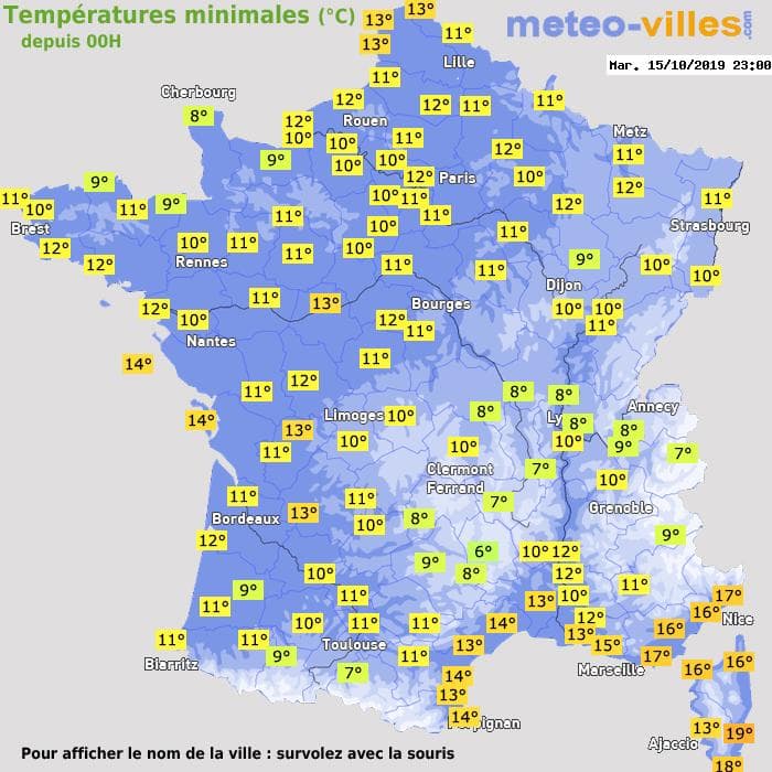 Températures minimales (°C) depuis 00h