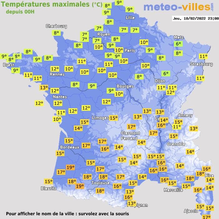 Températures maximales (°C) depuis 00h