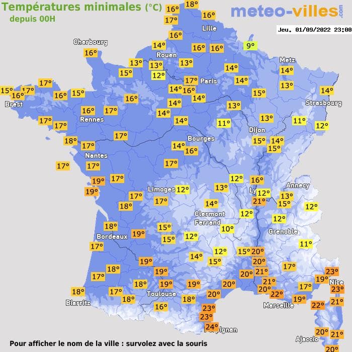Températures minimales (°C) depuis 00h