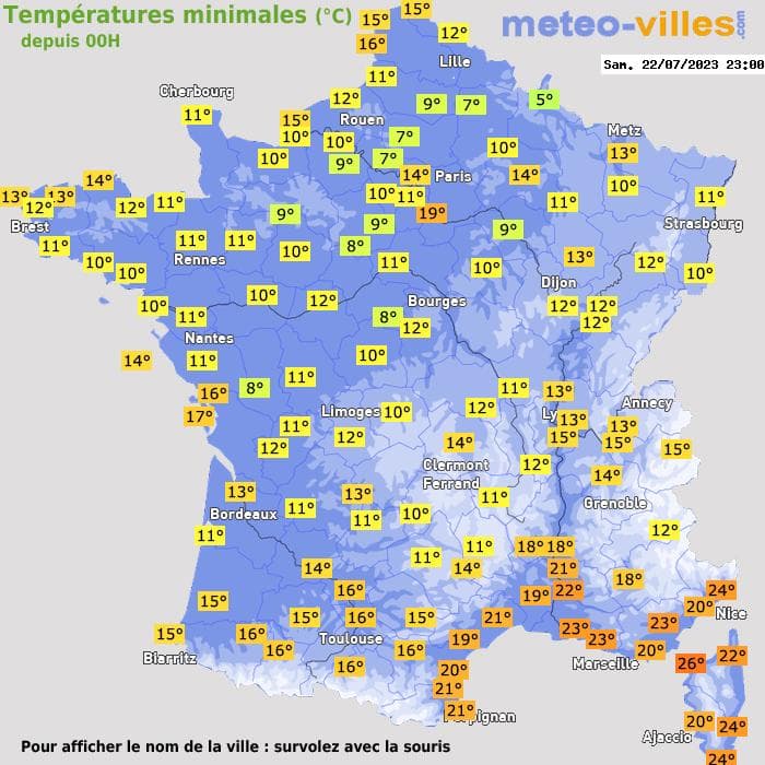 Températures minimales (°C) depuis 00h