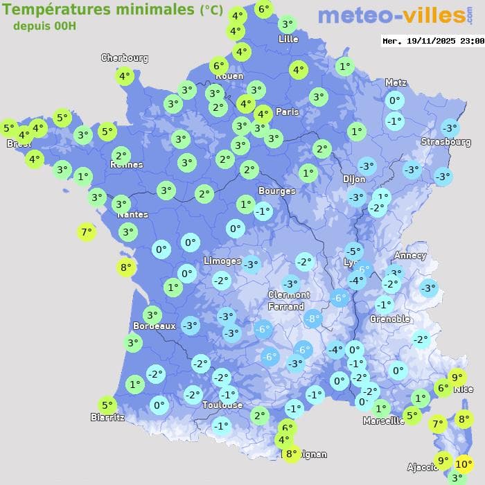 Températures minimales (°C) depuis 00h